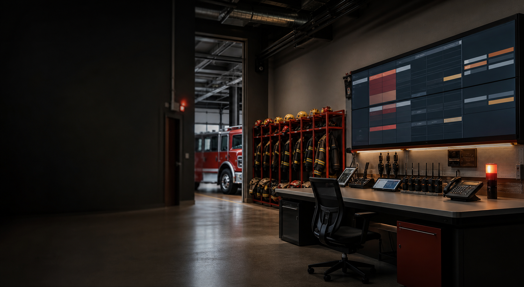 Generic fire station command workspace with readiness equipment